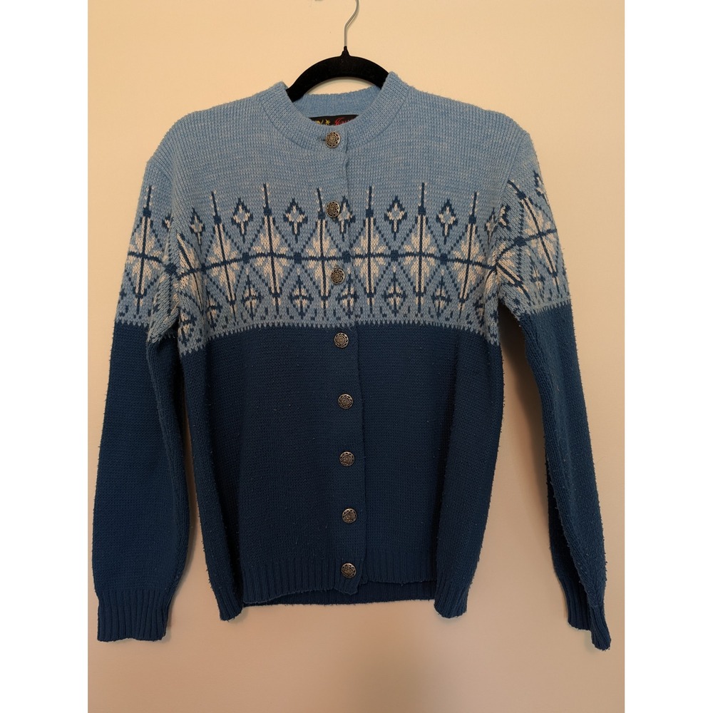 Vintage Jersild Nordic Fair Isle Pewter Button Cardigan Sweater Blue Women's 38